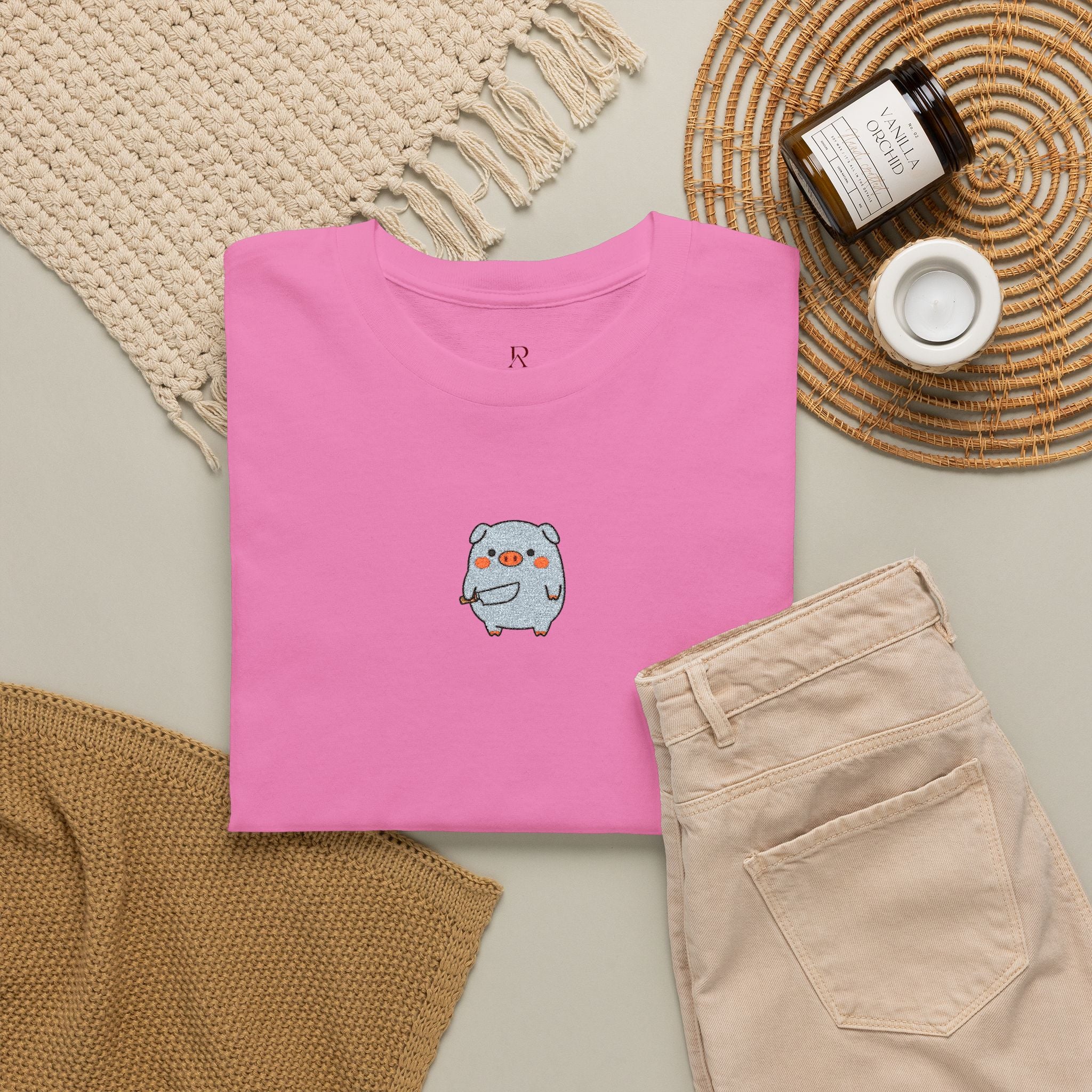Embroidered Pig With Knife T-Shirt