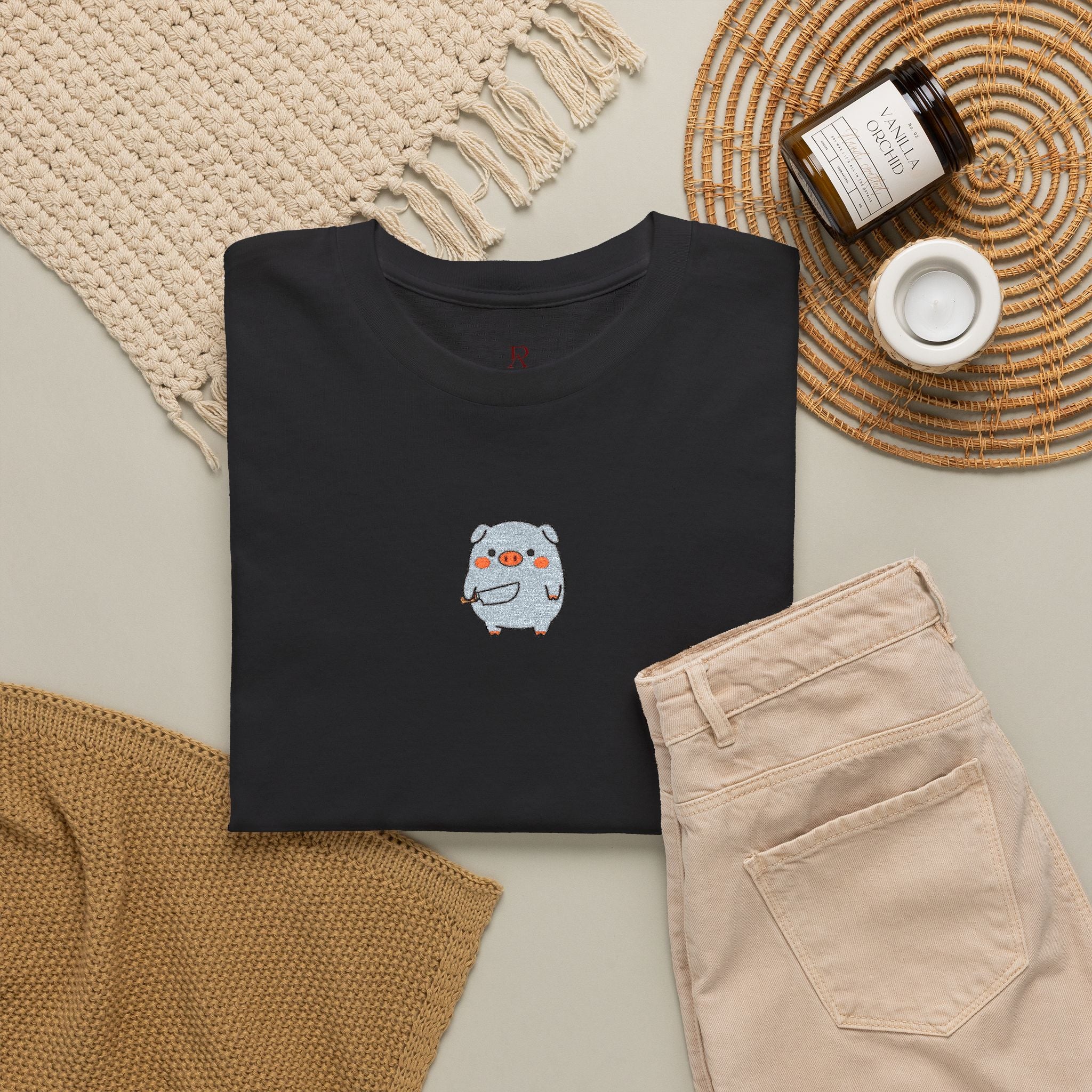 Embroidered Pig With Knife T-Shirt
