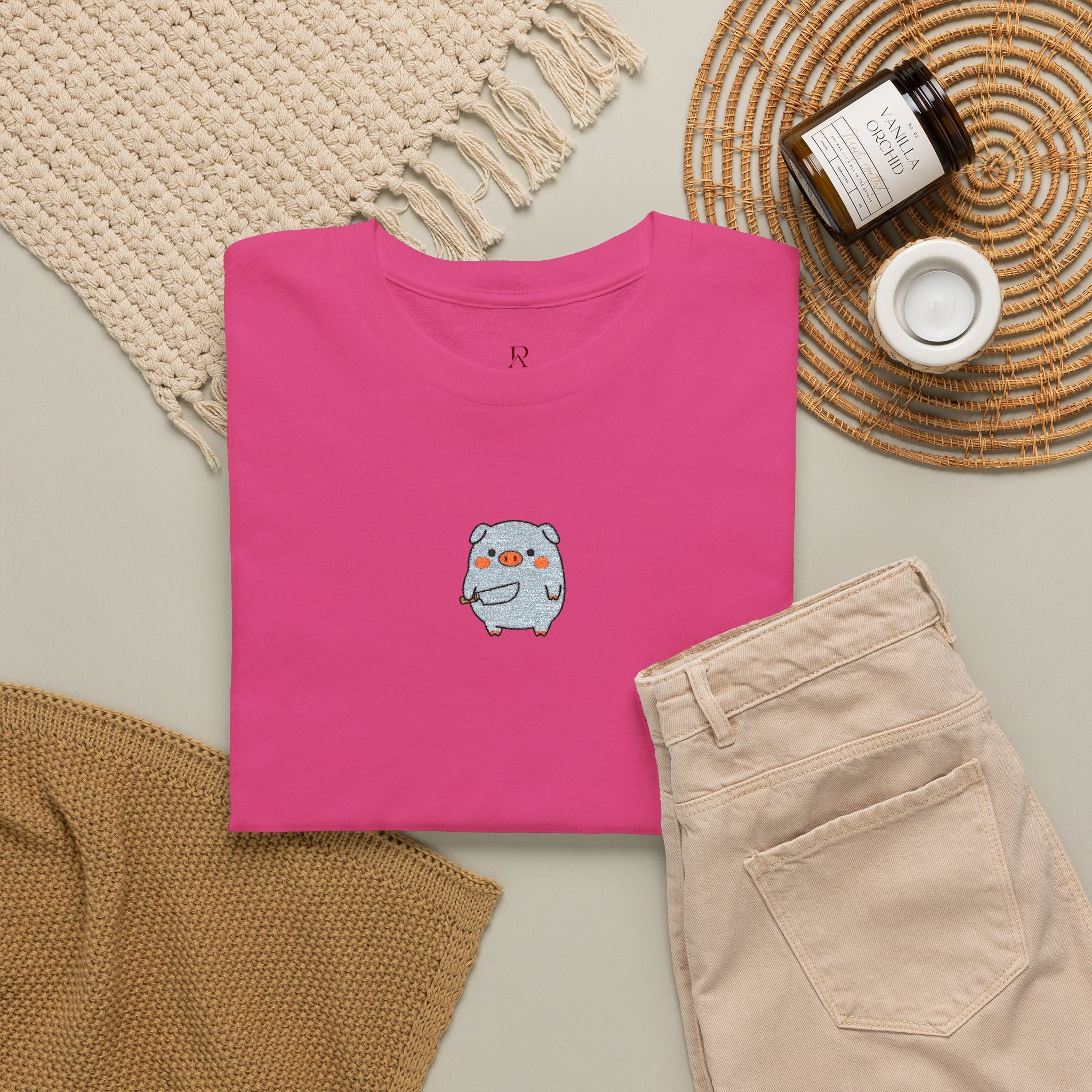 Embroidered Pig With Knife T-Shirt