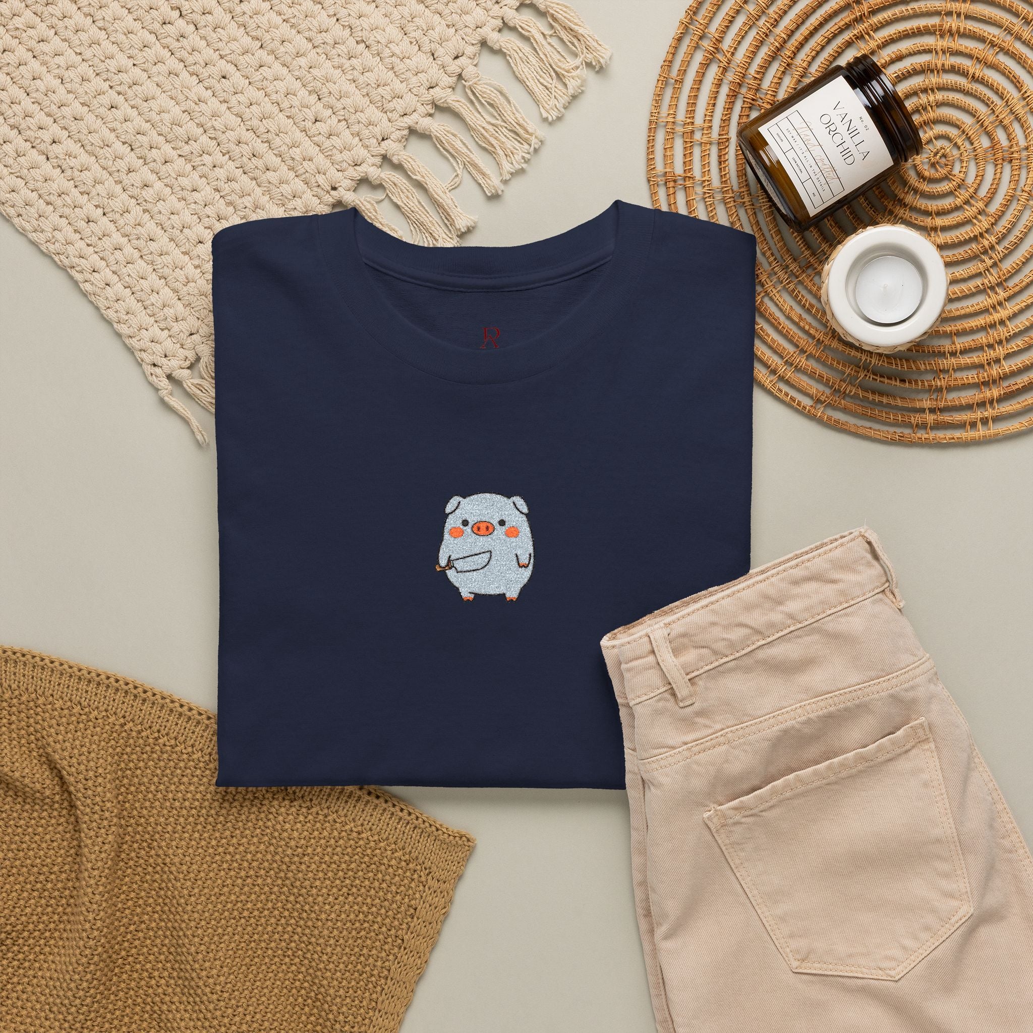 Embroidered Pig With Knife T-Shirt