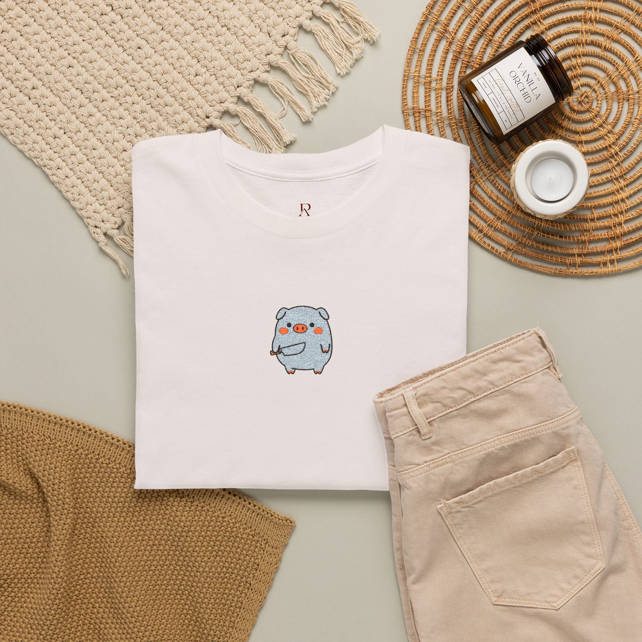 Embroidered Pig With Knife T-Shirt