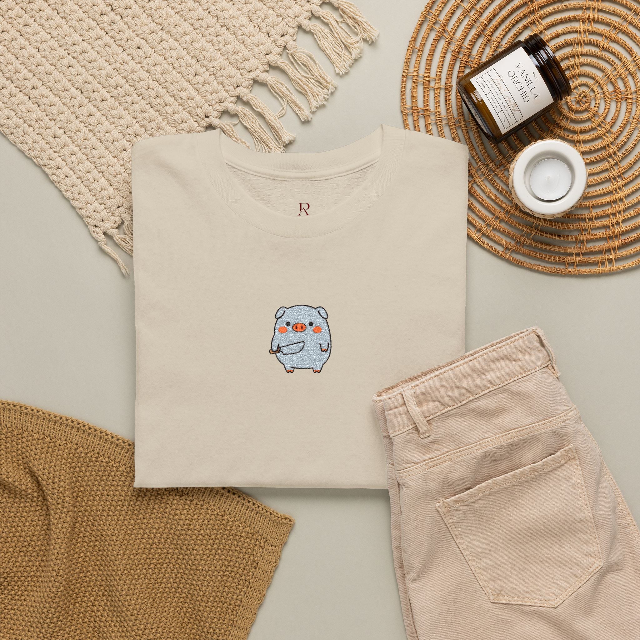 Embroidered Pig With Knife T-Shirt